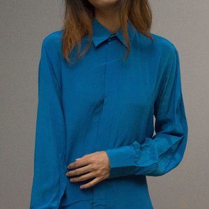 Blue silk long sleeve button up blouse